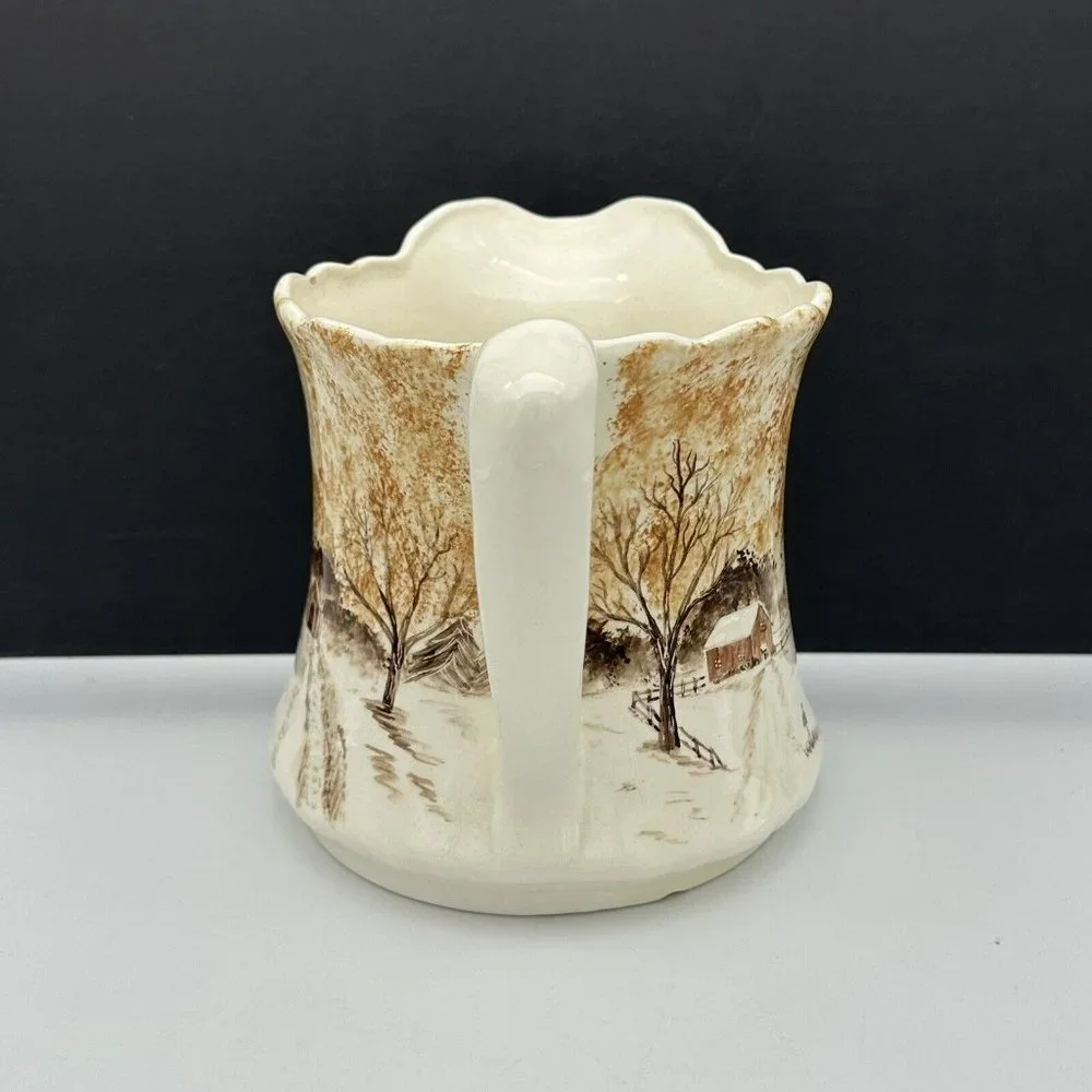 Hand Painted Ceramic‎ Water Pitcher Winter Cabin Barn Windmill SIGNED VTG 1979